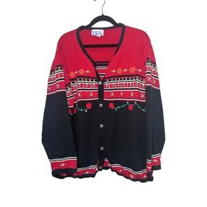BFA Classics Vintage Red Black Floral Embroidered Knit Cardigan Sweater